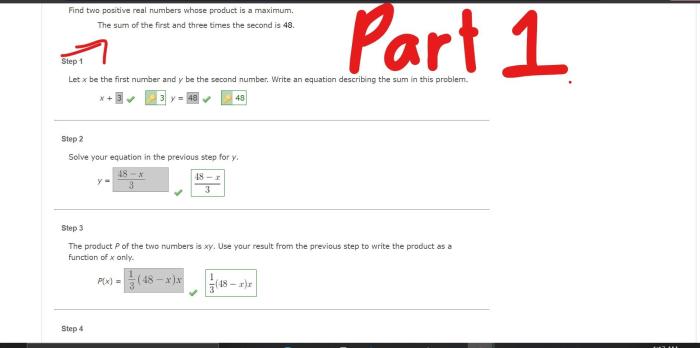 Find two positive real numbers whose product is a maximum